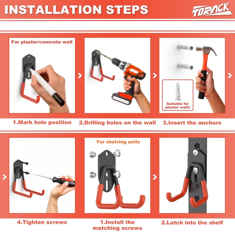 TORACK 15 PCS Garage Storage System Hooks, Shelving Hooks for