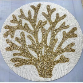 White Beaded Placemat White Gold Coral Seashell Charger New  Luxe Collection 15" New