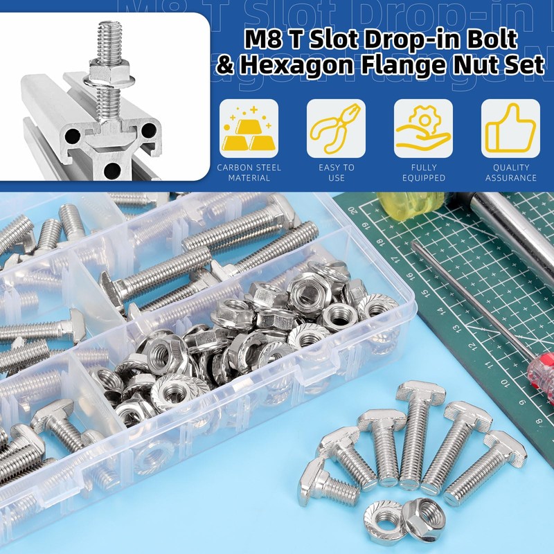 Glarks 120pcs M8 T Slot Drop-in Bolt with Hexagon Flange