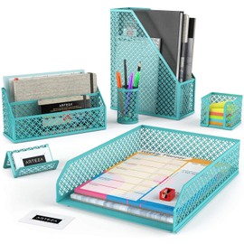 Arteza Desk Organizer Accessories Set of 6, Tiffany Blue, Includes Pencil Cup Holder, Letter Sorter, Tray, Magazine Holder, Name Card Holder, & Sticky Note Holder, Office Supplies for Home or Office