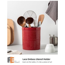 FUN ELEMENTS Kitchen Utensil Holder, 7.2" Super Large Utensil Crock Heavy and Stable Lace Emboss Ceramic Utensil Holder for Kitchen Counter (Christmas Red)