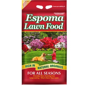 Espoma Lawn Food for All Seasons. Rich in Natural Organics 15-0-5 Analysis; 20 lbs. Covers up to 6,000 Square feet. Bio-Tone Formula with Slow Release Nitrogen and Non-Staining Iron.
