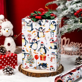 Merture Reversible Christmas Wrapping Paper Roll - Mini Roll - 17 In X 33 Ft (46.5 sqft.) Energetic Gift Wrap with Watercolor Penguin in Red Scarf & Xmas Tree for Christmas