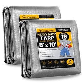 SUNLITAP 16 Mil Heavy Duty Waterproof Tarps, 8x10 Ft Finished Size Tarps, Premium Tarp with Metal Grommets & Reinforced Edge, Multipurpose Thick Tarp for Car, Boat, Roof, Camping - 2 Pack, Silver