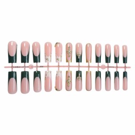 MISUD Press on Nails Long Square Fake Nails Glossy Glue on Nails Dark Green Acrylic Nail Supplies Squoval Artificial Nail Art Cross Rhinestone Stick on False Nails with Design DIY 24 pcs