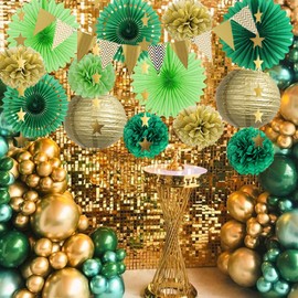 Graduation Decorations Green and Gold Paper Fans Party Decoration Hanging Paper Lanterns Tissue Paper Pom Poms Green and Gold Party Decorations for Birthday Baby Shower Birdal Shower Bachelorette