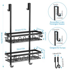 Over the Door Shower Caddy Hanging, 3-in-1 Rustproof Shower Organizer for Glass Door, No Drilling Shower Shelves with 4+3 Hooks, Wave Design, Stable, Adjustable Suitable for Kitchen/Bathroom/Balcony