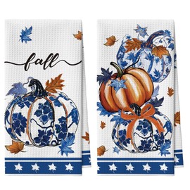 Artoid Mode Blue Porcelain Pumpkin Fall Kitchen Towels Dish Towels, 18x26 Inch Quick Dry Microfiber Cloth Hand Towels for Kitchen Drying Set of 2