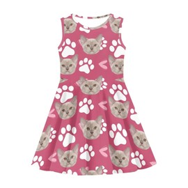 Summer Dress Pink Paw Cute Cats Print Soft Girls Custom Dress A Line High Waist Swing Sleeveless Tank Dress Beach Party Sundress Little Girls Midi Twirly Flowy Dance Dress for 5-6 Years Old