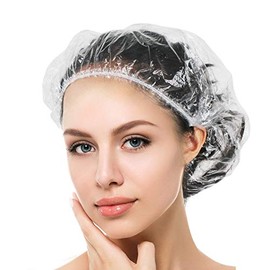 Auban Gorro de ducha desechable, 100 unidades de gorras de baño de plástico transparente grueso impermeable para tratamiento del cabello, spa, hotel y