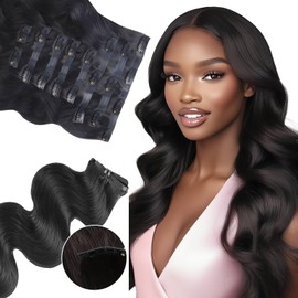 Flooyeer Seamless Clip in Hair Extensions Human Hair, Ultra-thin PU Weft, Body Wave, 14inch 130g 9pcs, 1B Natural Black, Seamless Clip in Hair Extensions Real Human Hair Women, Seamless Flat Clip ins