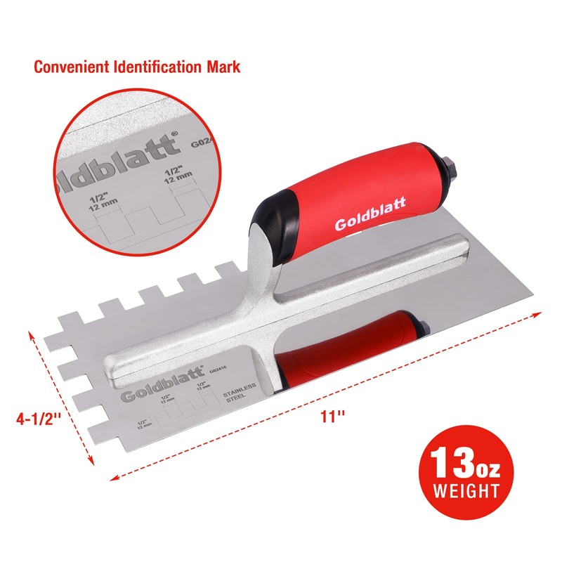 Goldblatt 1/2" Square Notch Trowel, Made of Premium Stainless Steel