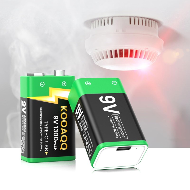 KOOAQQ 2-Pack Rechargeable 9v Batteries, USB-C Recharge with 2 in