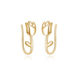Reffeer Solid 925 Sterling Silver Flower Crawler Cuff Earrings Wraps for Women Teen Tulip Flower Wrap Earrings (B-18K Gold)