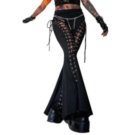 Sexyshine Women's Lace Up Gothic Black Punk Pants Eyelets Bandage Criss Cross Hollow Out Flared Long Trousers(26592BL,L)
