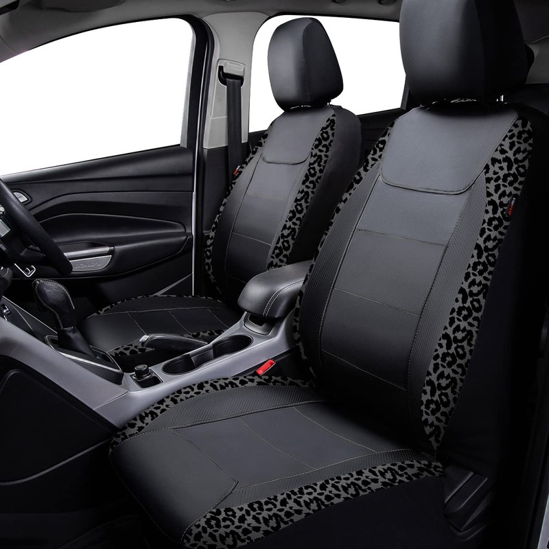 Flying Banner Carbon Fiber Leather Vehicle Seat Covers, Leopard Gray