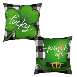 Wnoesat Buffalo Plaid St Patricks Day Pillow Covers 18x18 Set of 2 Lucky Charm Shamrock Clover Hat Throw Pillow Case St Patricks Day Farmhouse Spring Decorative Cushion Case for Outdoor Couch Patio