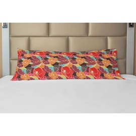 Lunarable Flower Body Pillow Case Cover with Zipper, Shabby Form Poppy Blossoms Pattern in Colorful Doodle Style Lines Exotic Graphic, Decorative Accent Long Pillowcase, 21" x 54", Burgundy Aqua