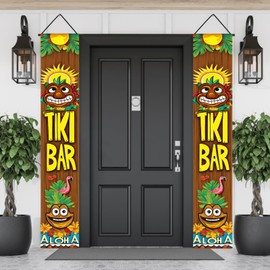 BlissYard 2pcs Hawaiian Party Decorations Hawaiian Door Banner Porch Sign Tiki Bar Decor Aloha Luau Moana Flamingo Wall Hanging Banner for Outdoor Tropical Carnival Birthday Jungle Party Supplies