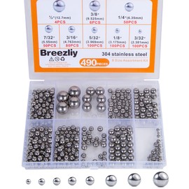 Breezliy 490Pcs 3/32"-1/2" Precision Chrome Steel Assorted Loose Bicycle Bearing Steel Ball Assortment Kit(8 Sizes 490Metric)