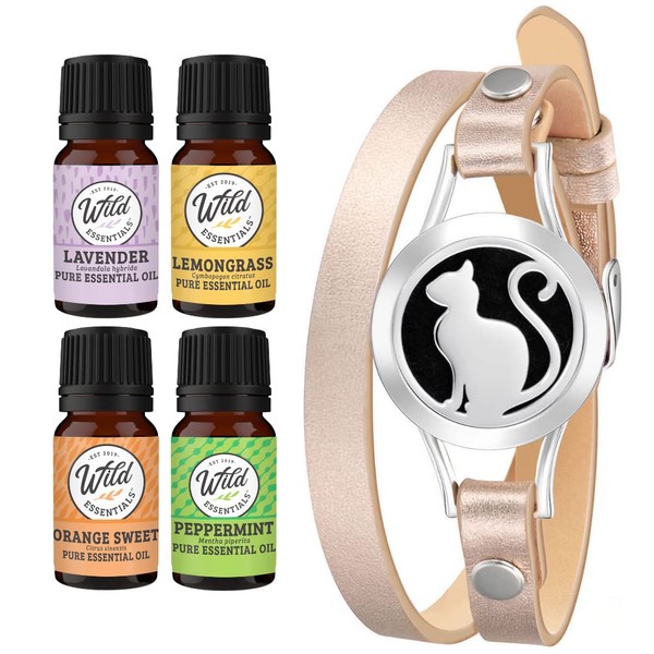 Wild Essentials Pretty Kitty Cat Essential Oil Leather Wrap Bracelet Diffuser, Gift Set, Lavender, Lemongrass, Peppermint, Orange Oils, 12 Pads, Customize Color Changing Perfume Jewelry, Aromatherapy