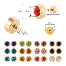JMFENFA 12 Pairs Stainless Steel Flat Back Stud Earrings Gold Plated Surgical Steel Screw Back Round Star Heart Flower Birthstone Cubic Zirconia Stud Earrings Set (Gold round 6mm)