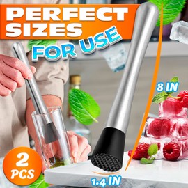 2 Pcs Bar Muddler for Cocktails – 8" Stainless Steel Cocktail Muddler for Lemonade, Essential Bar Supplies and Accessories – Lemon Smasher & Fruit Smasher for Drinks Mixing & Lemonade Stand Supplies
