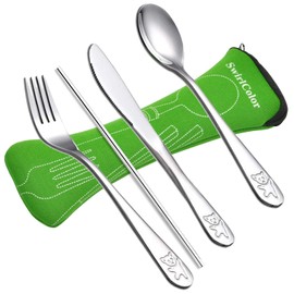 Kids Cutlery Set, 4pcs Stainless Steel Children's Cutlery Fork Spoon Straw Set for Home Camping Picnic, with Cutlery Bag