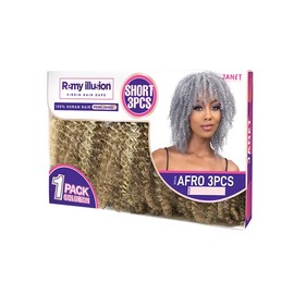 Janet Collection REMY ILLUSION Short 3 Piece Human Hair Weave – 100% Human Hair Blend – For Women – Kinky Natural – Brazilian Faux Spiral Curls (PITCH GRAY)