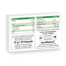 Fermentura Ginkgo Duo Plus - Ginkgo Biloba Capsules with Vitamin B12 & Folic Acid | Fully Fermented & High Dose | Vegan - Pack of 1 - 30 Capsules