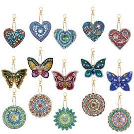 DNWFZ Diamond Painting Pendants, Pack of 15, 5D DIY Diamond Painting Key Chain, Children's Painting, Embroidery, Diamond Painting Pendant, Art, Heart, Mandala, Women, Girls, Handbag, Key Kits, Craft