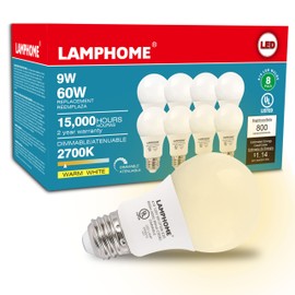 LAMPHOME 8-Pack Soft White LED Bulbs - Ideal for Bedroom & Living Room, 60W Equivalent, 2700K, 9W, 15000-Hour Life, E26 Base