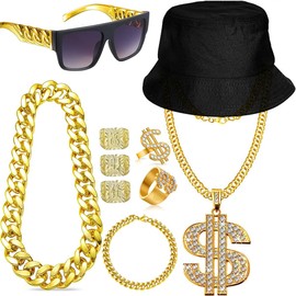 Thyrhntr 80s 90s Hip Hop Outfit Costume Accessories Kit for Men Kids Women, Rapper Fake Gold Dollar Sign Jewelry Chain (Black)