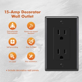 Micmi Decorator Receptacle Outlet, Standard Decorative Wall Outlet, 15 Amp, 125 Volt, Non-Tamper Resistant, Grounding UL Listed Black (15A Outlet with wallplates 20pack)