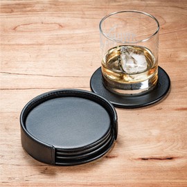Dacasso Black Leatherette 4 Coaster Set, Round w/Holder - Luxury Executive Decor and Office Desk Surface Protector