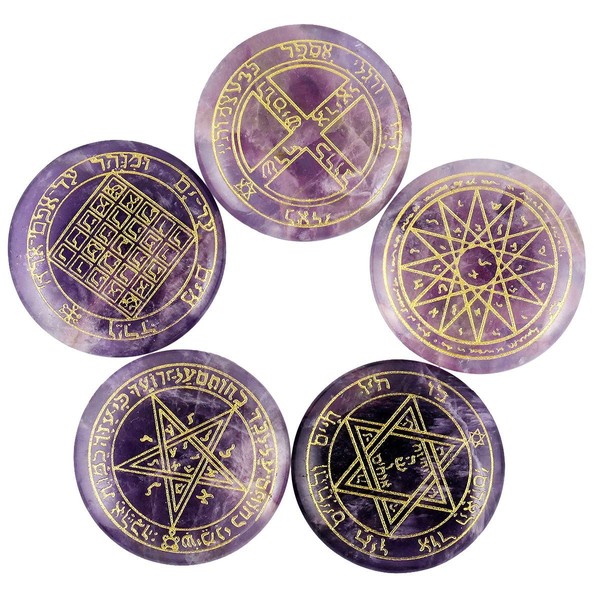 Rockcloud Healing Crystal Amethyst Solomon Symbol Witches Rune Set Chakra Stones Palm Stone Reiki Balancing, 5 Pcs