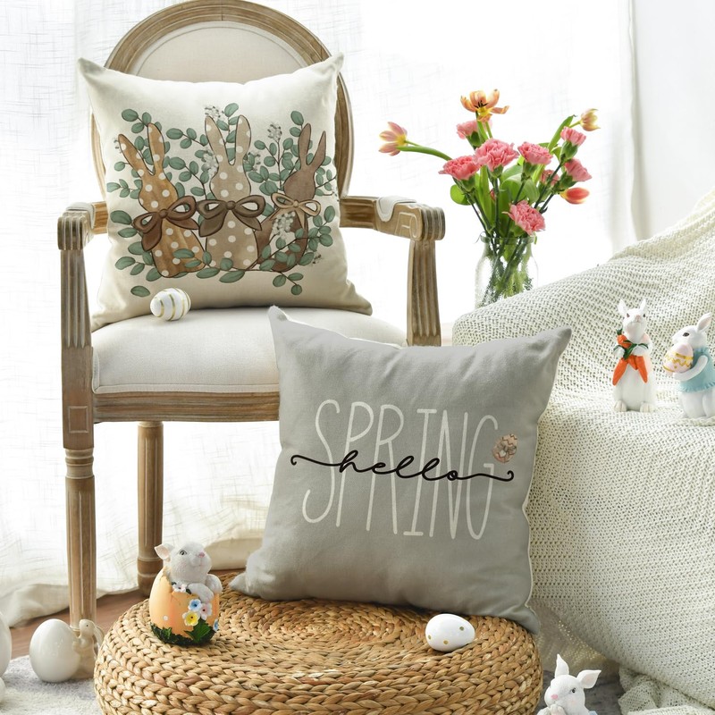 Artoid Mode Bunny Rabbits Eggs Eucalyptus Leaves Happy Easter Cushion