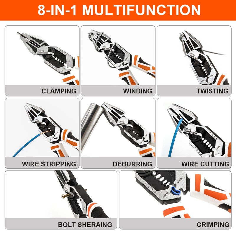 VANQUISH 8-in-1 Linesman Pliers, 8’’ Multipurpose Combination Pliers Wire Cutter/Crimper/Stripper,