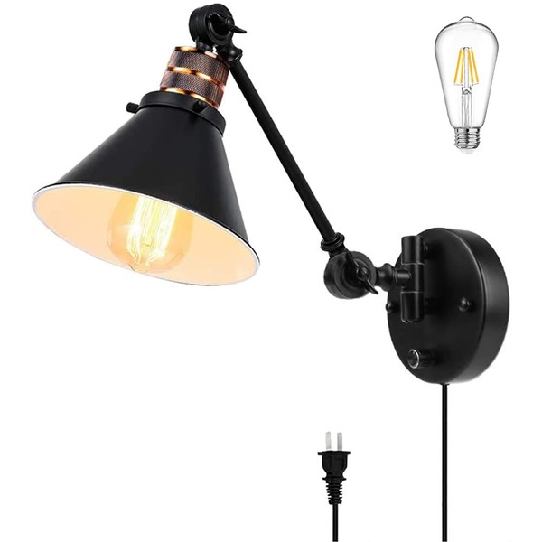 PARTPHONER Plug in Wall Sconces Swing Arm Wall Lamp with Dimmable On Off Switch, Metal Black Vintage Industrial Wall Mounted Lighting Reading Light Fixture for Bedside Bedroom Indoor Doorway