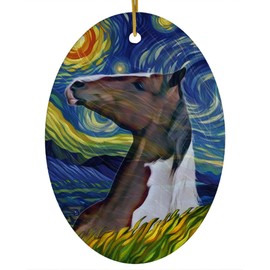 Whimsical Night Sky Skewbald Missouri Fox Trotter Horse Christmas Ornament White Oval Ceramic - Impressionist Pet Portrait Memorial Keepsake Gifts for Horse Lovers