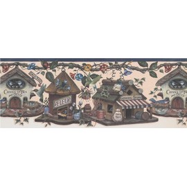 CONCORD WALLCOVERINGS ™ Wallpaper Border Vintage Pattern Bird Houses Flowers for Kitchen Cottage Farmhouse, Brown Blue Beige, 15 ft by 9 in 5811245