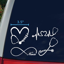 Nurse Decal 4 Pack: Nurse Heart, Heartbeat, Nurse Infinity, Nurse Stethoscope (White, Small ~3.5")