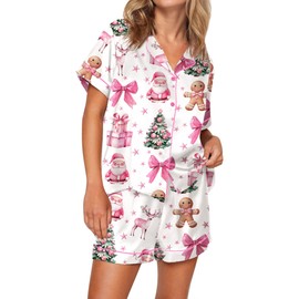 SHESHOW Funny Christmas Pajamas for Women Pink Bow Santa Pjs Short Sleeve 2 Piece Loungewear Sets White XS