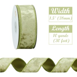 HUIHUANG Sage Green Velvet Wired Ribbon 1-1/2", Sage Velvet Ribbon for Velvet Bows, Christmas Tree, Wreaths, Garland, Wedding Decor, Home Decor, Crafts, Gift Wrapping-Continuous 10 Yards/Roll