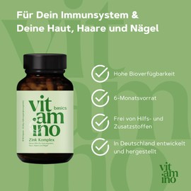 Vitamino Basics Zinc - Zinc Capsules High Dose with Zinc & Vitamin C, for Immune System, Skin, Hair & Nails, Vegan, Gluten-Free, Lactose Free - 180 Capsules