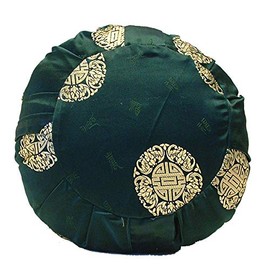 Zen Zafu Sitting or Meditation Cushion with Silk Brocade Cover (Green/Gold)