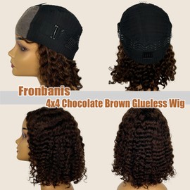 Fronbanis Chocolate Brown Glueless Wigs Human Hair Pre Plucked Pre Cut 180% Density Closure Wigs Human Hair Bob Wig Curly Human Hair Wig Wear and Go Glueless Wig for Women 12 Inches