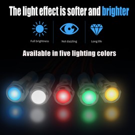 YACSEJAO 6mm LED Metal Indicator Light 5 Pcs 12V Red/Yellow/Blue/Green/White Waterproof LED Power Signal Light with Wire（15cm/0.5ft）