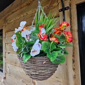 Best Artificial 30cm Pansy Flower Display in 10" Rattan Wicker Hanging Basket for Outdoor Garden (Flame Red & White)