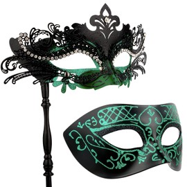 Hoshin Masquerade Mask for Couple, Mardi Gras Deecorations Venetian Masks with Stick for Womens(Green & Black)